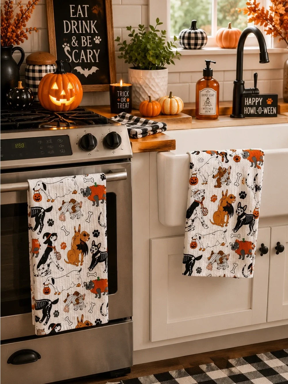 MAKERY Halloween Dog Tea Towels Set of 2 Cotton Kitchen Towels Ghosts Skeletons